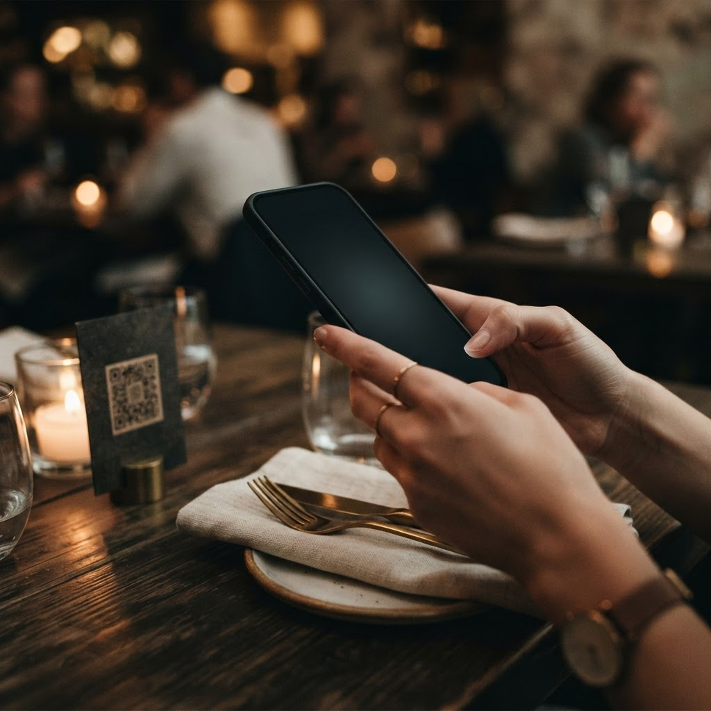 Comensal consultando la carta digital desde el móvil en la mesa de un restaurante