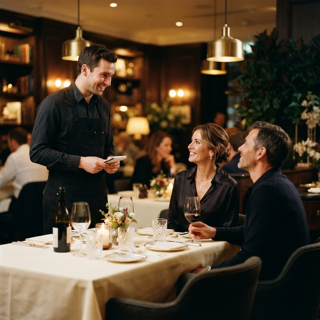 Camarero atendiendo a dos comensales en el comedor de un restaurante con luz cálida